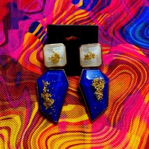 Large Blue, gold and white earrings